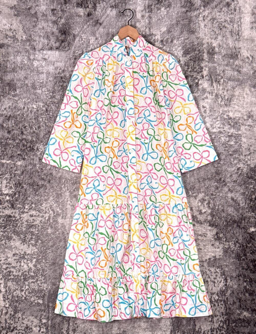 Vintage David Brown Dress Small Womens Pink Pastel Pattern Collared Button Midi